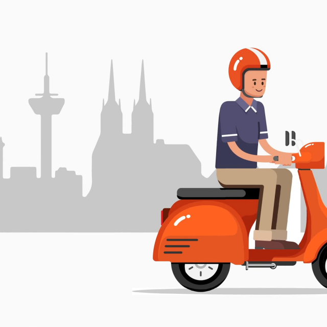 Illustration: Mann auf Roller fährt vor Köln-Skyline