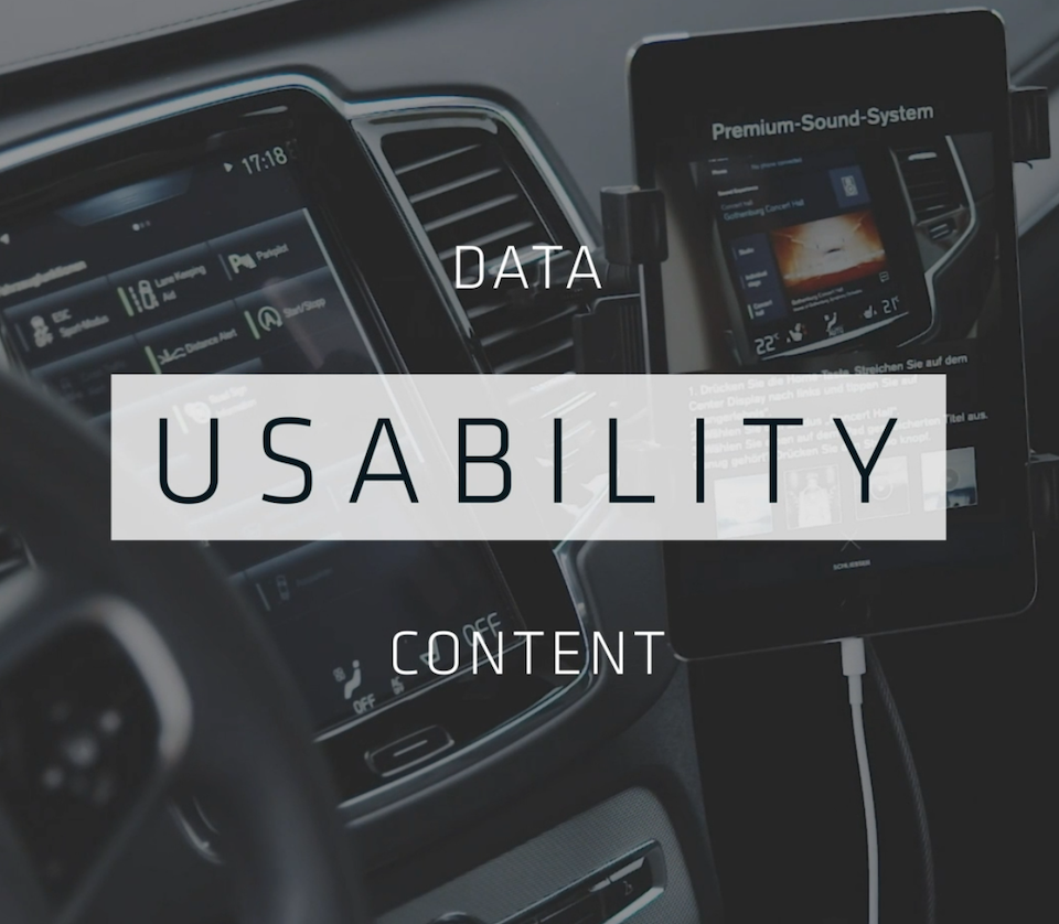 Abgedunkeltes Bild eines Auto-Cockpits mit Textüberblendung: Data, Usability, Content